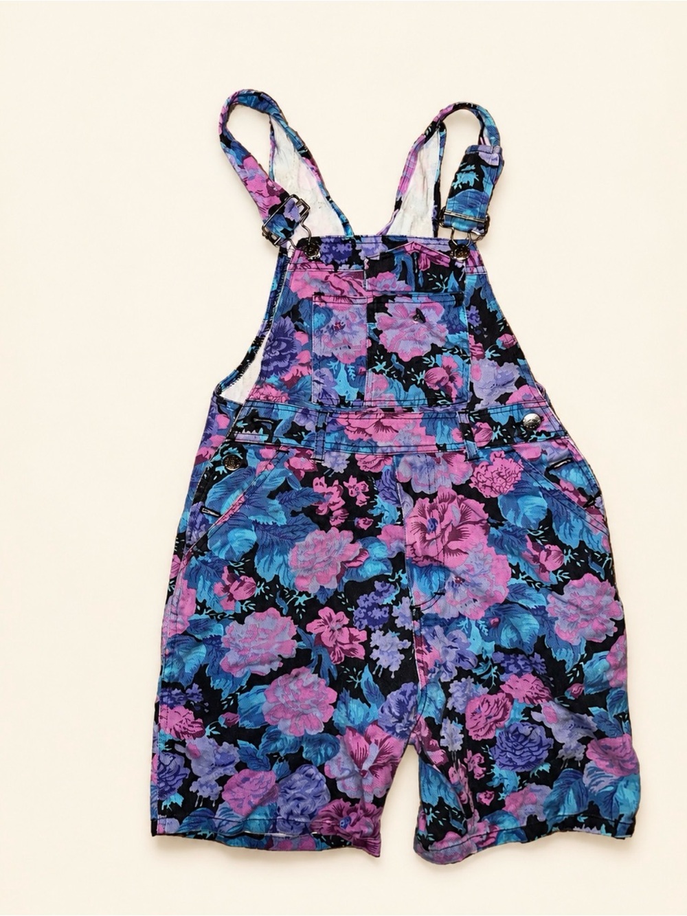1990’s Floral Short Overalls Romper in Blue & Purple